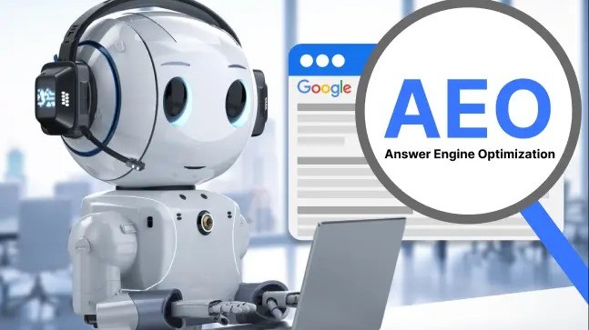 AEO — Answer Engine Optimization for B2B SaaS in Bangalore 2026, shown as an AI assistant analysing a Google search result under a magnifying glass