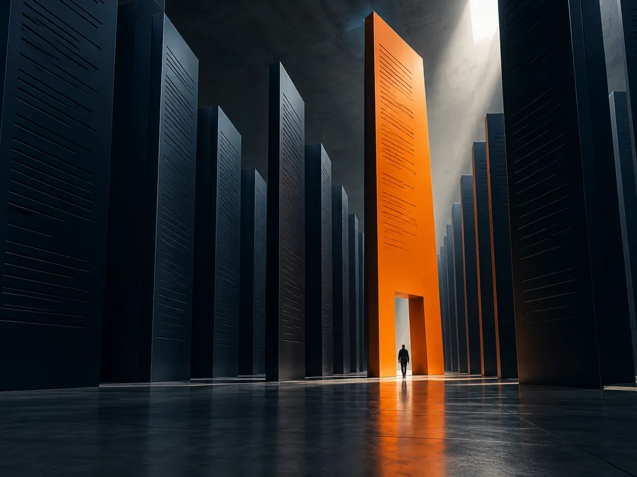 A single orange tower standing out among rows of dark towers, with a person walking through its doorway