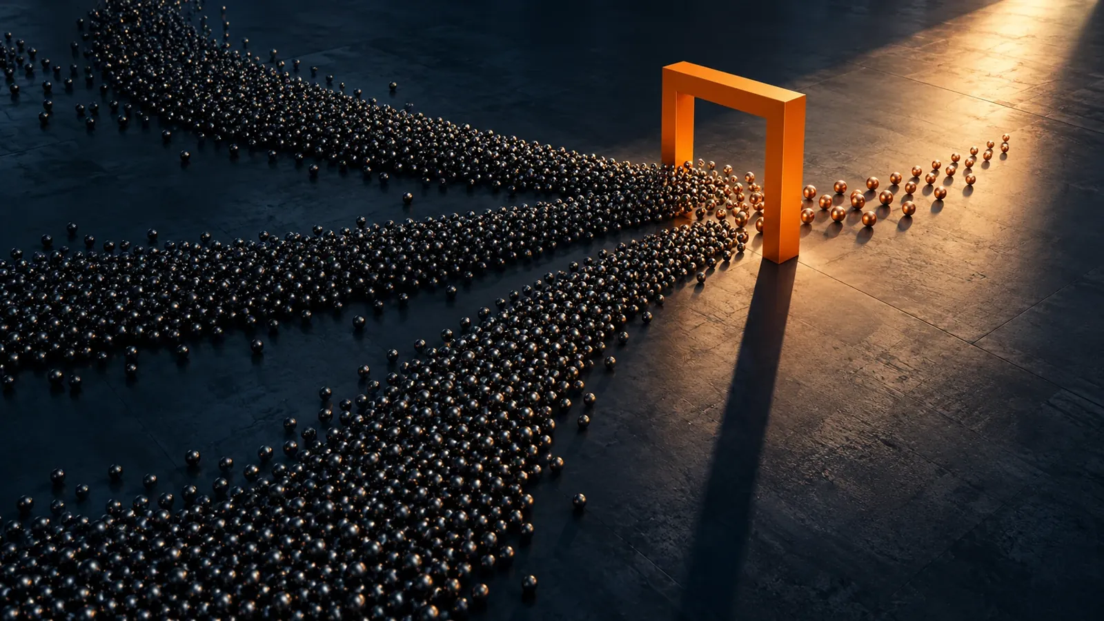 Streams of dark spheres flowing through an orange frame and turning orange on the other side