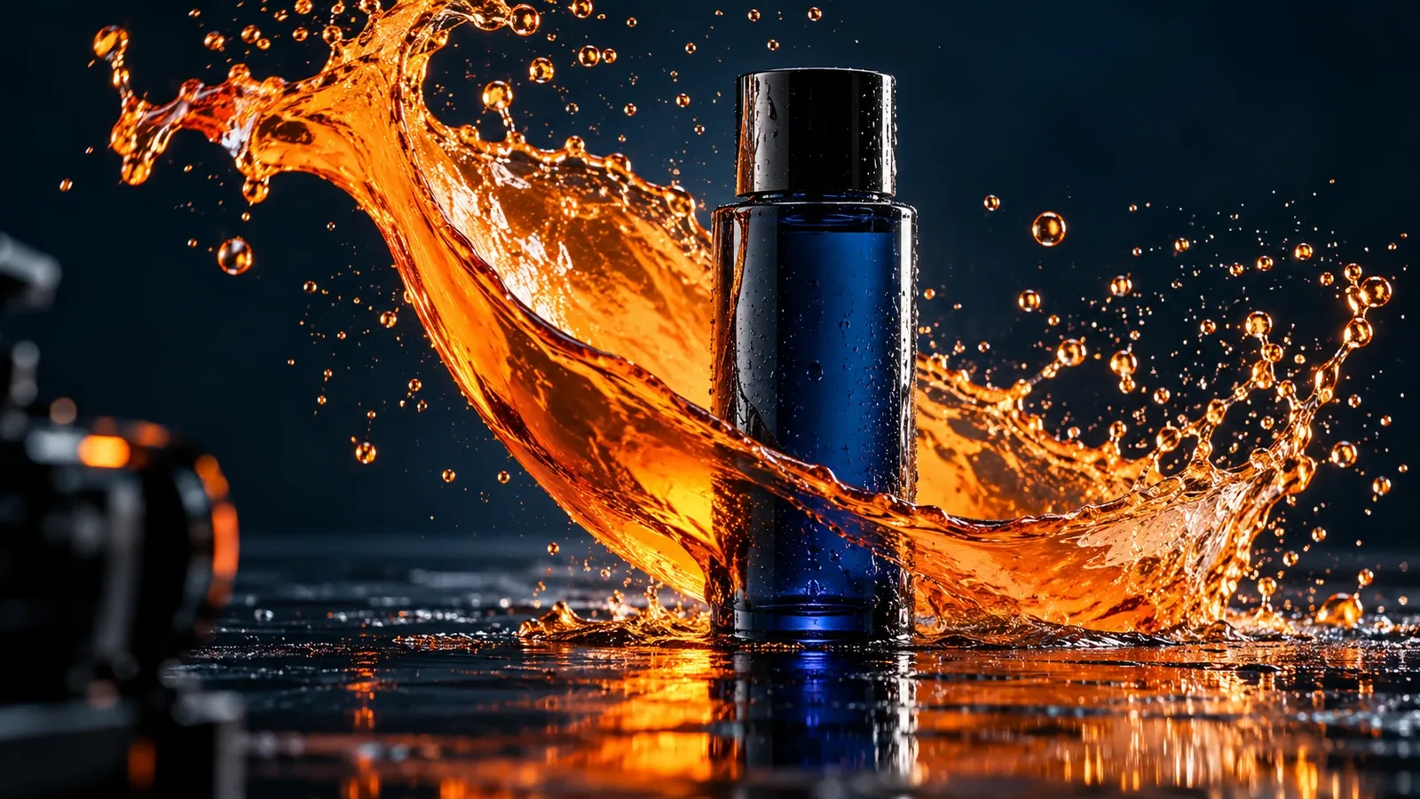 A navy glass bottle wrapped in a splash of orange liquid on a dark set