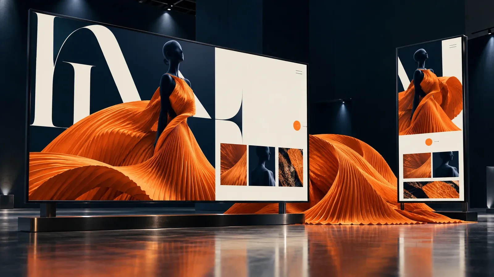 Large display screens showing an editorial website layout, with an orange pleated gown flowing between them