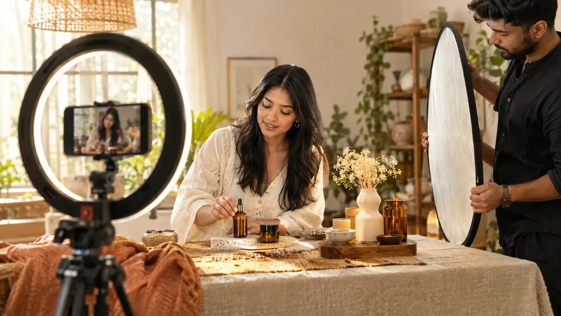 Content creator filming a product video with a ring light