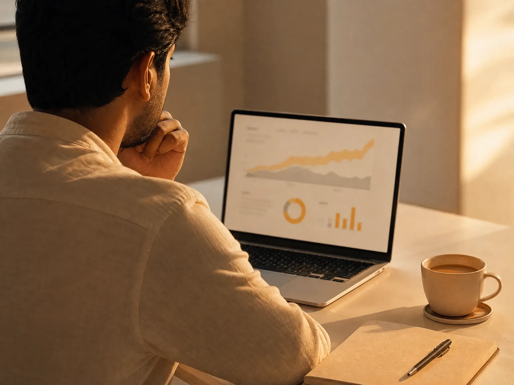 Strategist studying a growth chart on a laptop