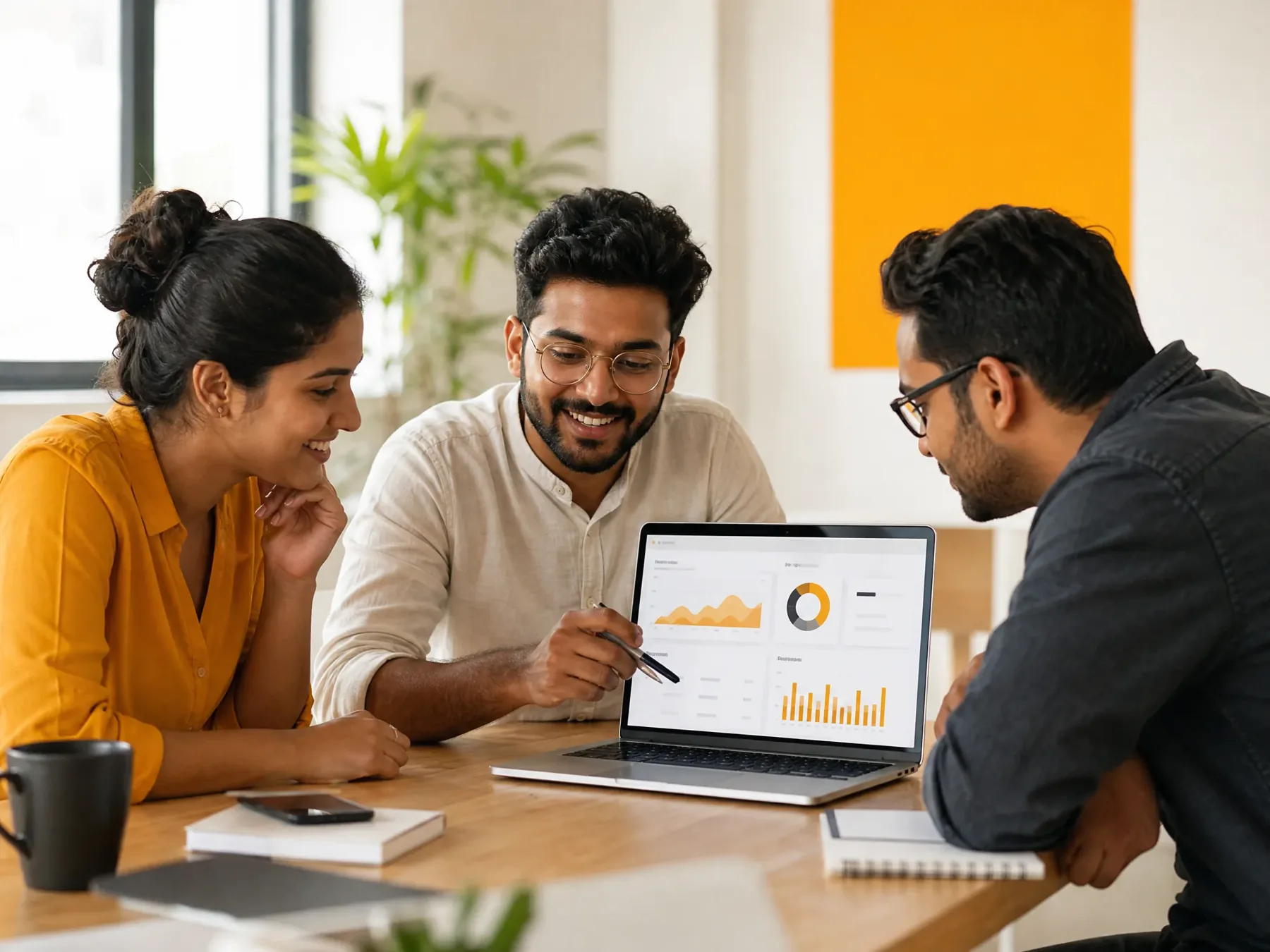 Marketing team reviewing a search analytics dashboard together
