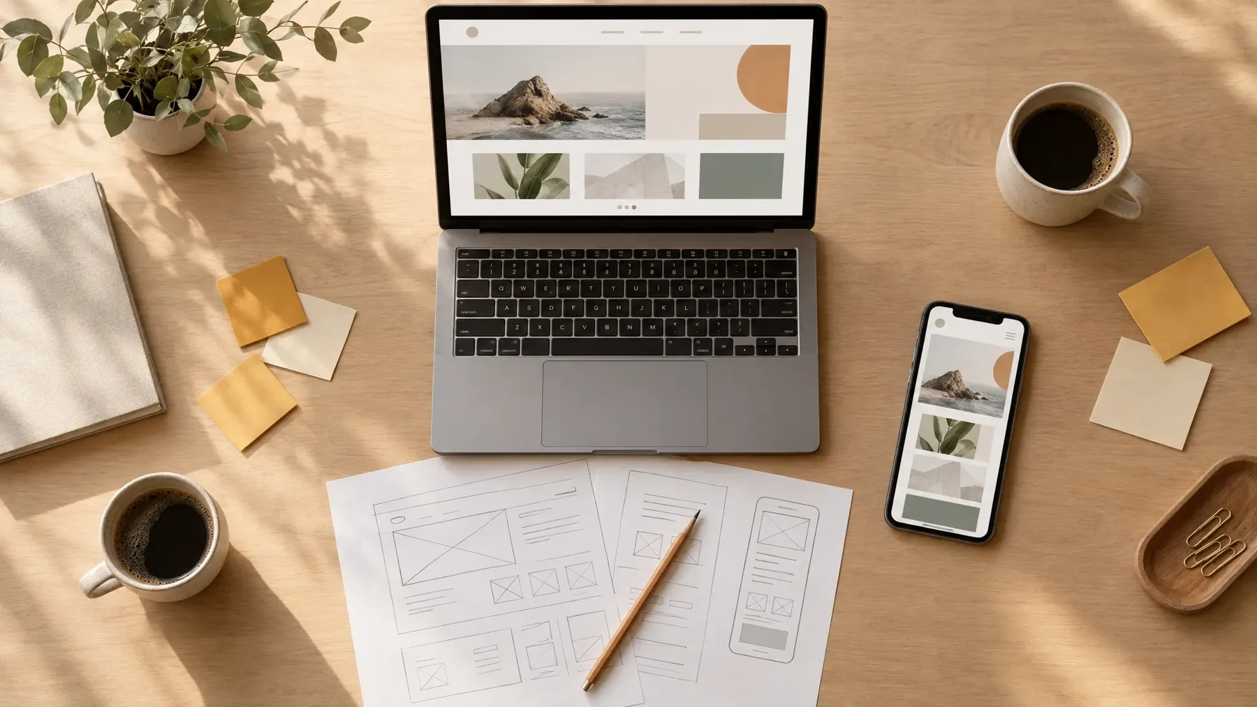 Web designer's desk with wireframes, a laptop and a mobile layout