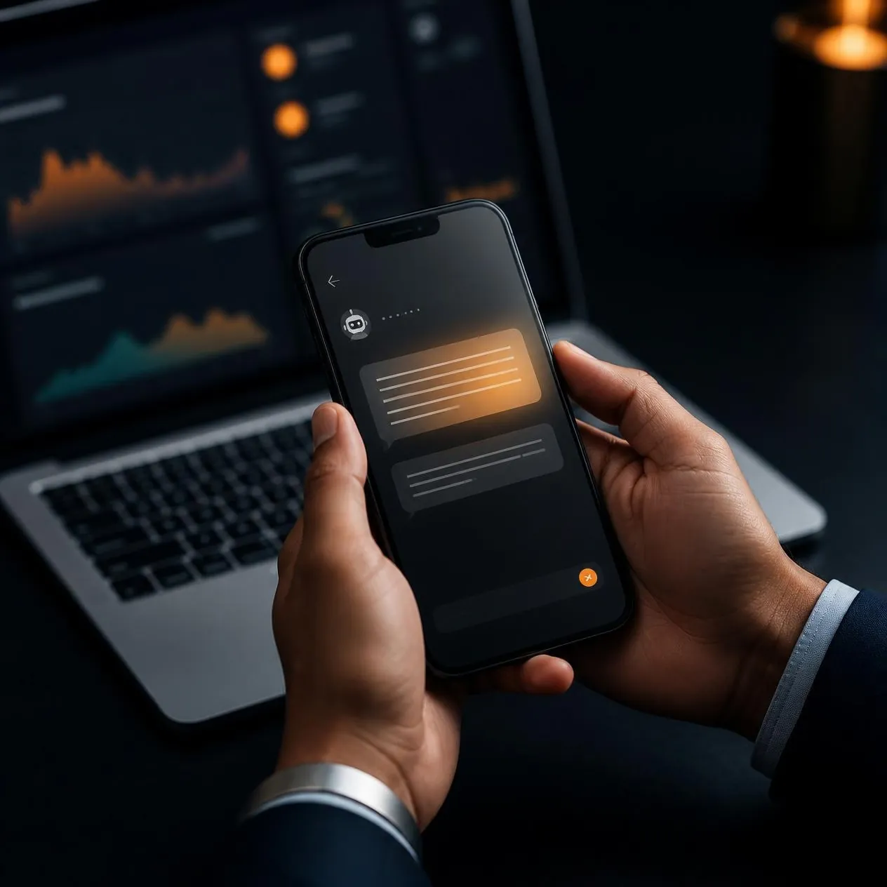 AI assistant answer on a phone beside a laptop dashboard