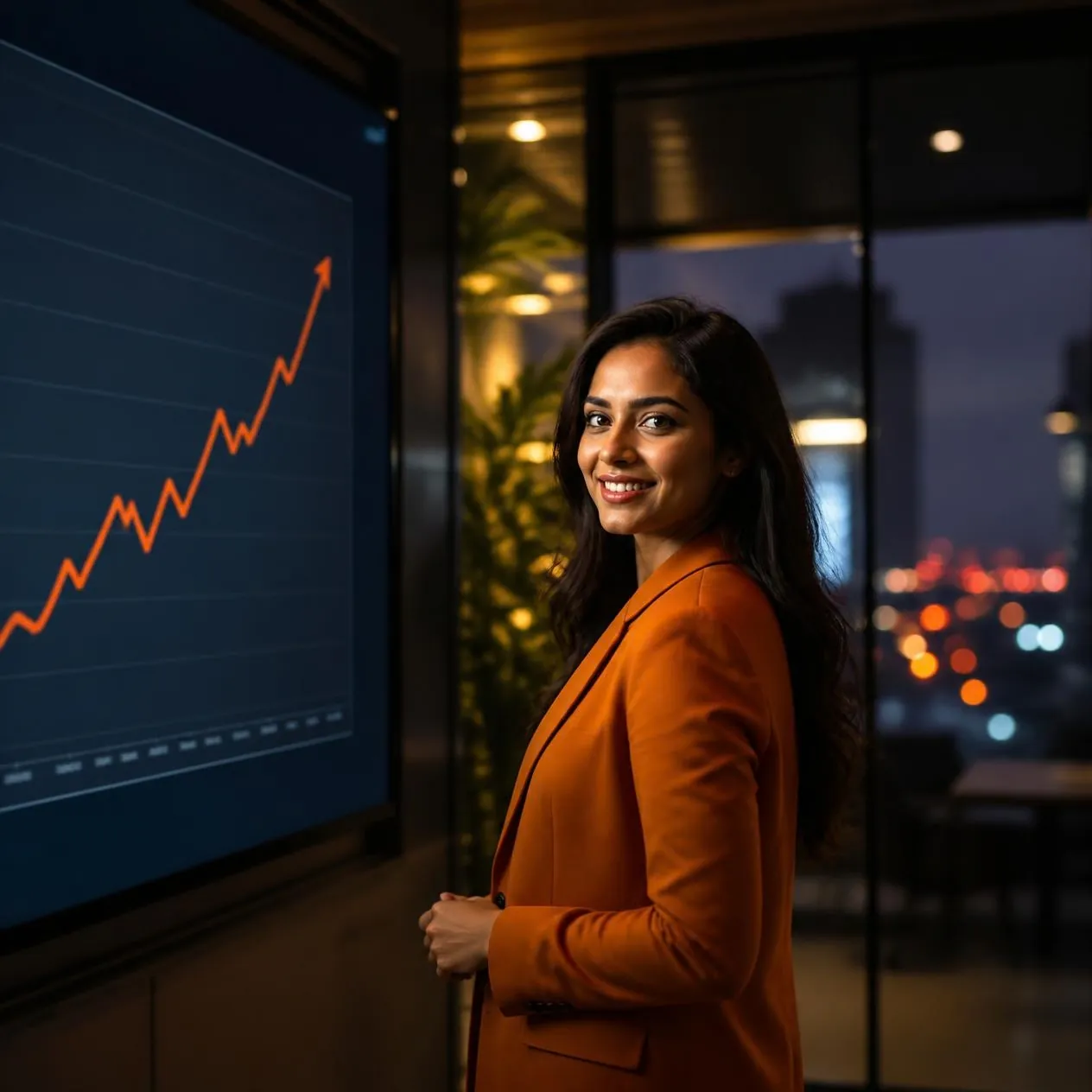 Marketing strategist beside a screen showing rising search traffic, Bengaluru skyline at dusk